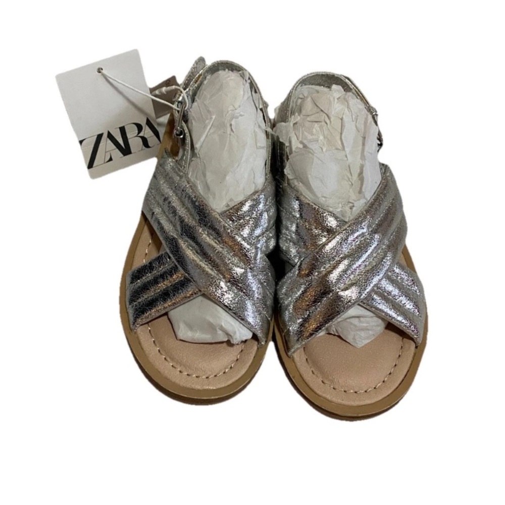 Zara Girl Size 11 US / 28EU Metallic Criss Cross Shiny Silver Summer Sandals New